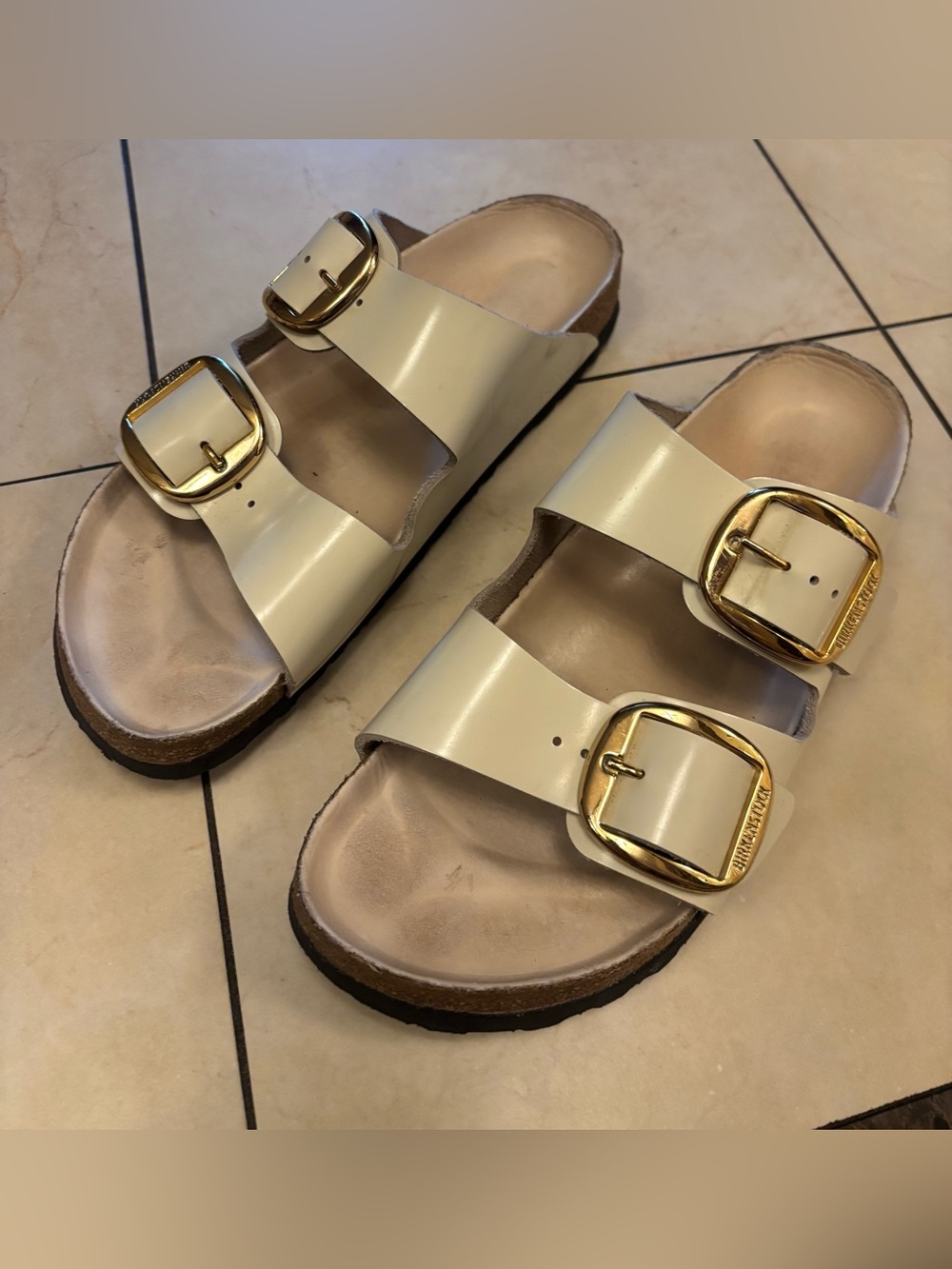 Birkenstock Women’s Cream Double-Strap Sandals with Gold Buckles | Size 9